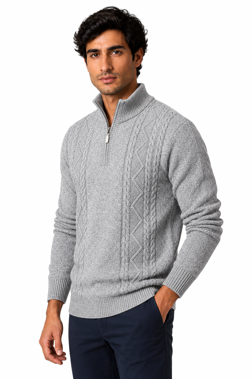 Ventorino Men's Sweater Cable Knit Half Zip | Ventorino in Light Gray — model three-quarter view