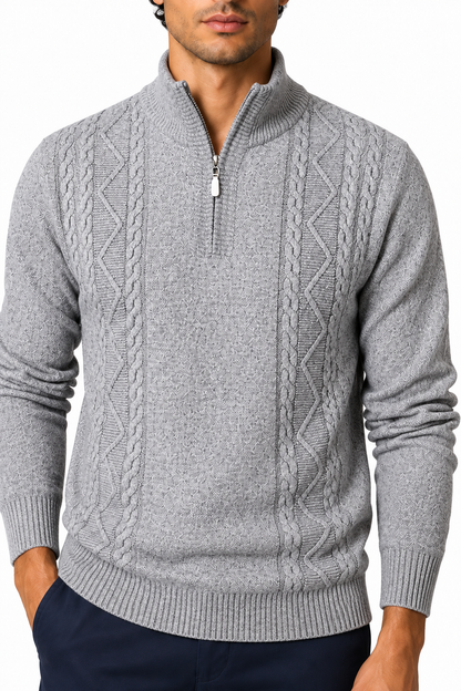 Ventorino Men's Sweater Cable Knit Half Zip | Ventorino in Light Gray — garment and fabric detail