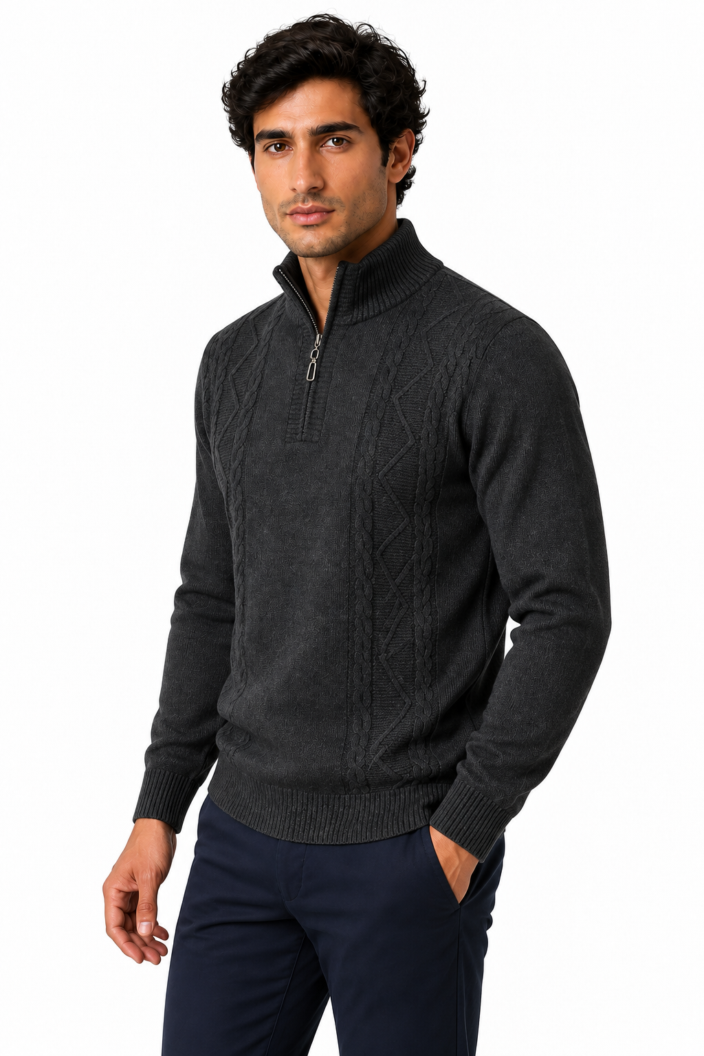 Ventorino Men's Sweater Cable Knit Half Zip | Ventorino in Dark Gray — model three-quarter view