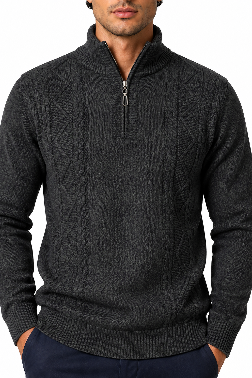 Ventorino Men's Sweater Cable Knit Half Zip | Ventorino in Dark Gray — garment and fabric detail