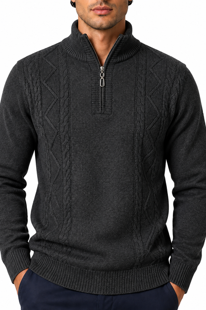 Ventorino Men's Sweater Cable Knit Half Zip | Ventorino in Dark Gray — garment and fabric detail