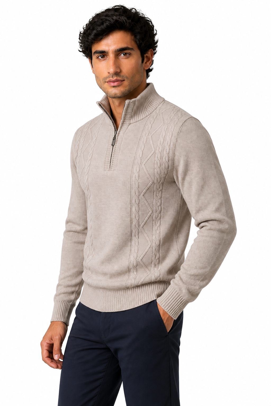Ventorino Men's Sweater Cable Knit Half Zip | Ventorino in Beige — model three-quarter view