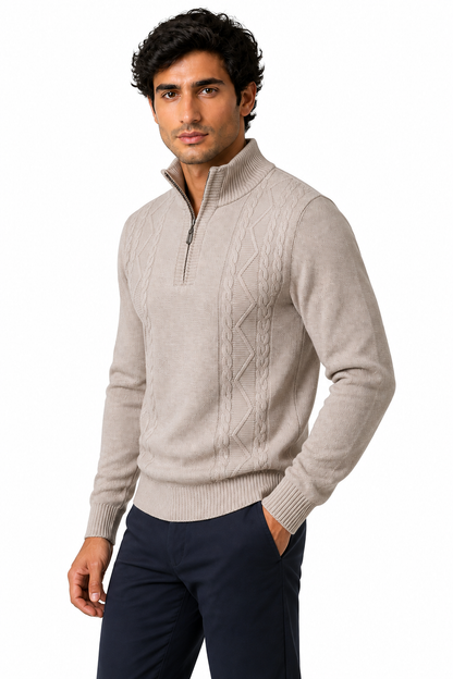 Ventorino Men's Sweater Cable Knit Half Zip | Ventorino in Beige — model three-quarter view