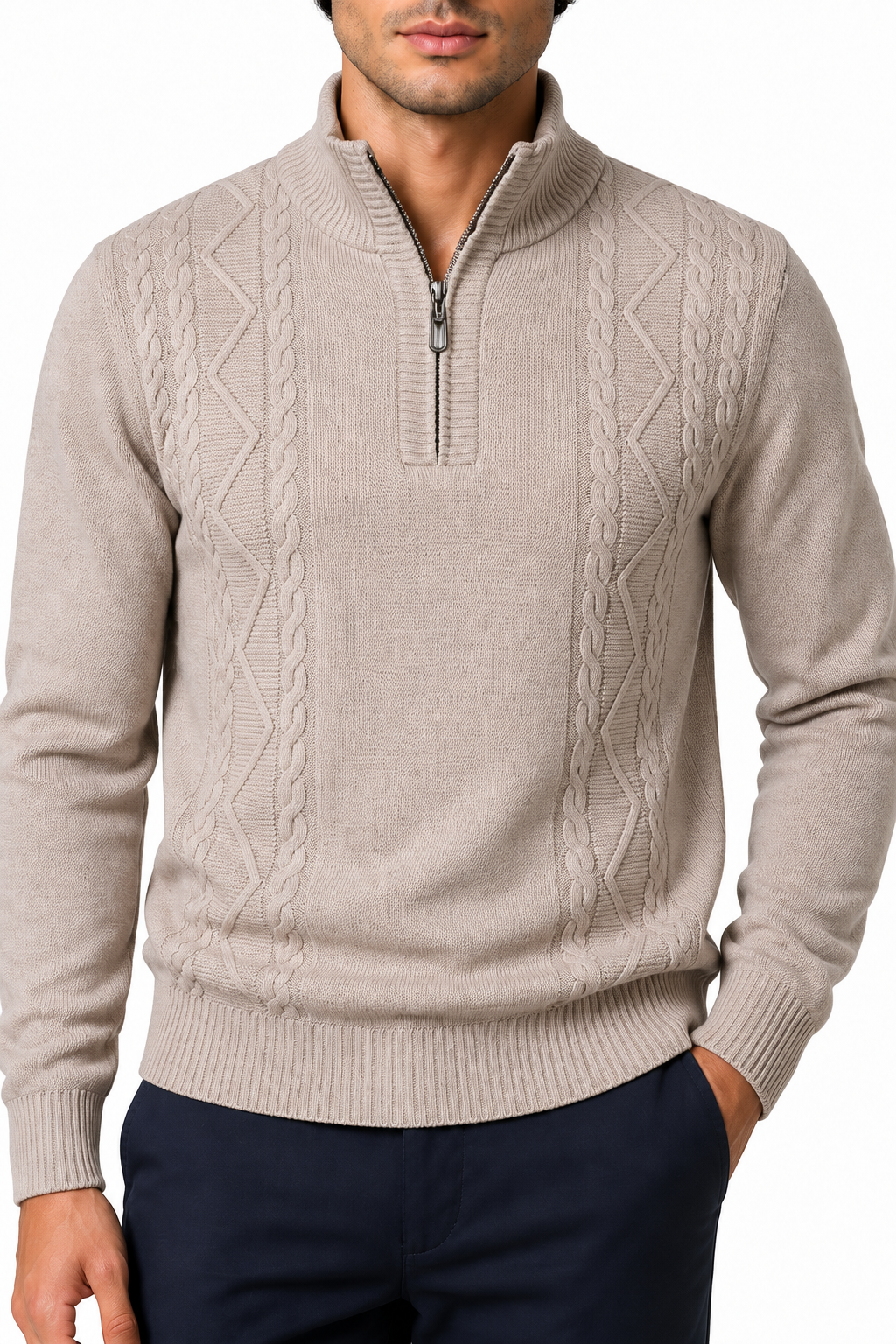 Ventorino Men's Sweater Cable Knit Half Zip | Ventorino in Beige — garment and fabric detail