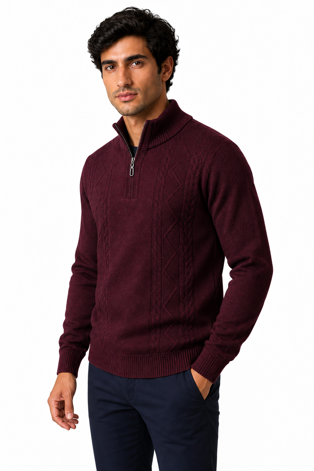 Ventorino Men's Sweater Cable Knit Half Zip | Ventorino in Wine Red — model three-quarter view