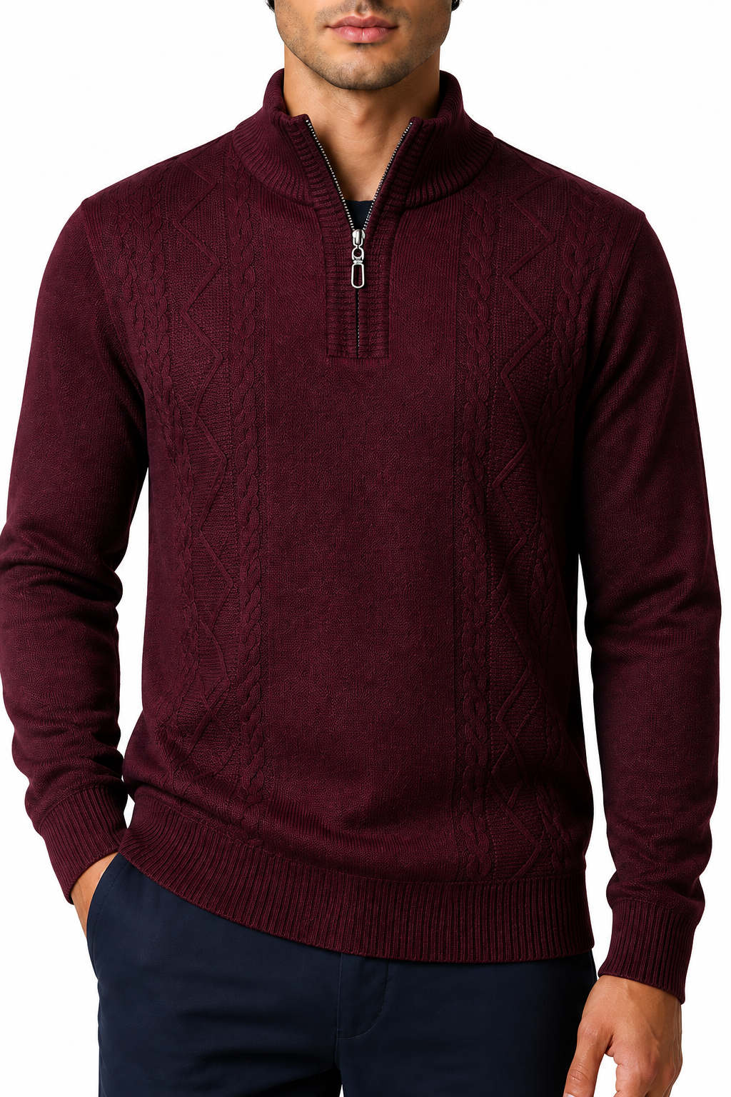 Ventorino Men's Sweater Cable Knit Half Zip | Ventorino in Wine Red — garment and fabric detail