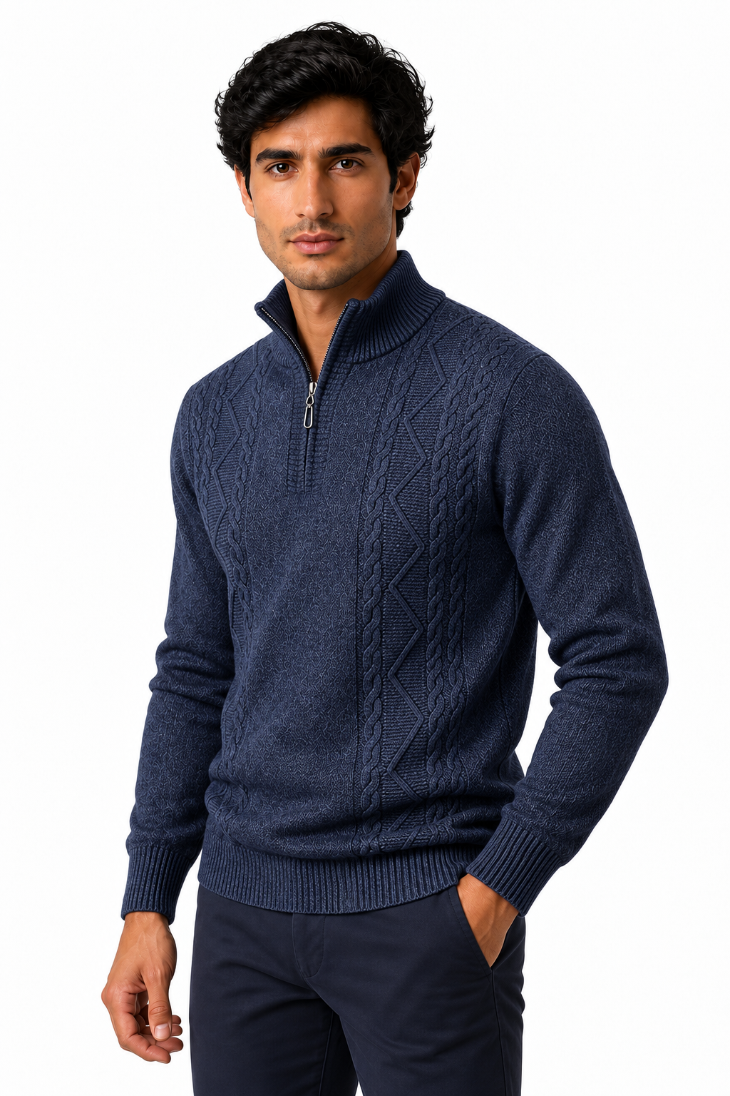 Ventorino Men's Sweater Cable Knit Half Zip | Ventorino in Blue Gray — model three-quarter view