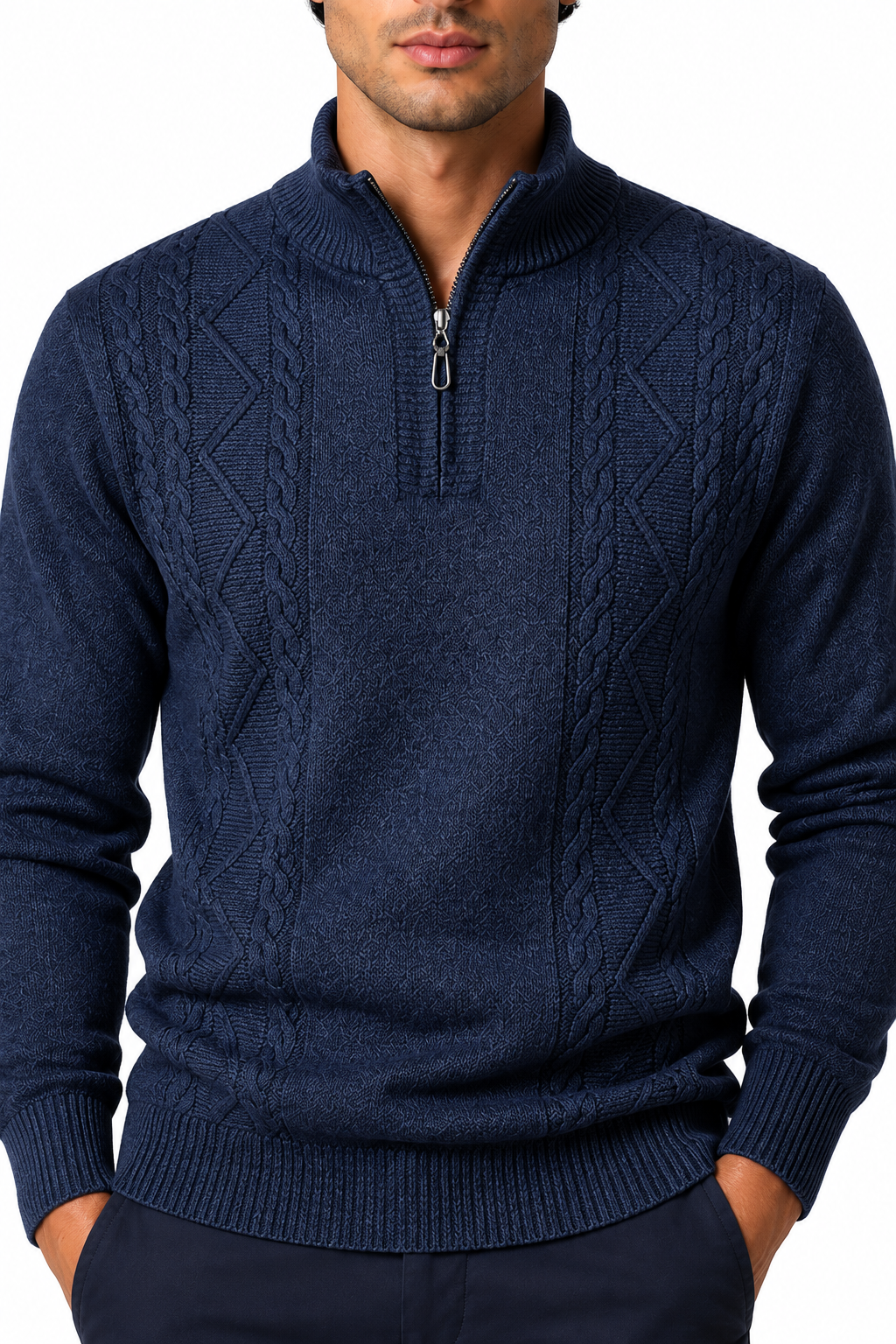 Ventorino Men's Sweater Cable Knit Half Zip | Ventorino in Blue Gray — garment and fabric detail