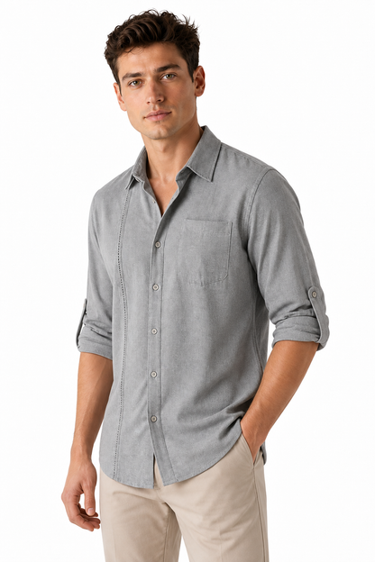 Ventorino Men's Button-Up Shirt Relaxed Fit Chest Pocket | Ventorino in Gray — model three-quarter view