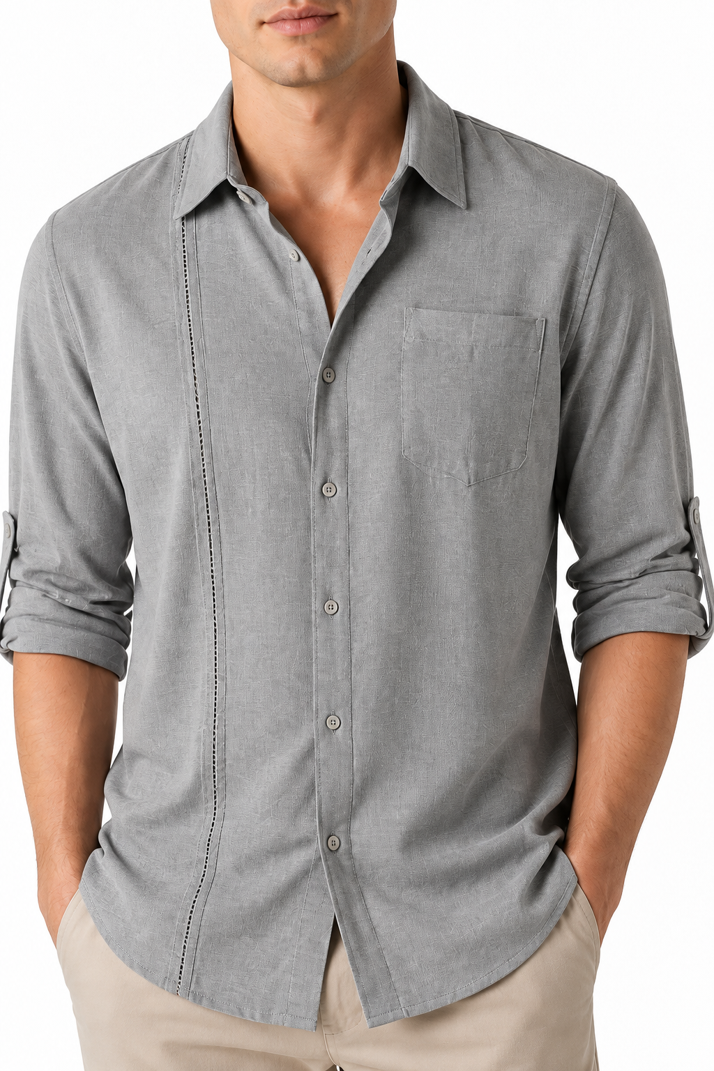 Ventorino Men's Button-Up Shirt Relaxed Fit Chest Pocket | Ventorino in Gray — garment and fabric detail