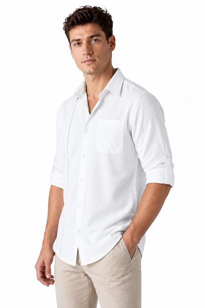 Ventorino Men's Button-Up Shirt Relaxed Fit Chest Pocket | Ventorino in White — model three-quarter view