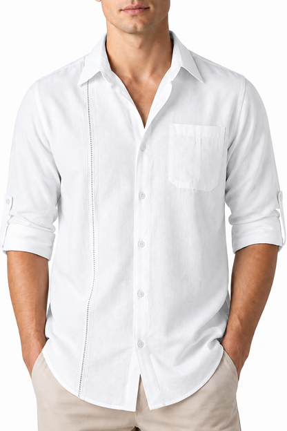 Ventorino Men's Button-Up Shirt Relaxed Fit Chest Pocket | Ventorino in White — garment and fabric detail