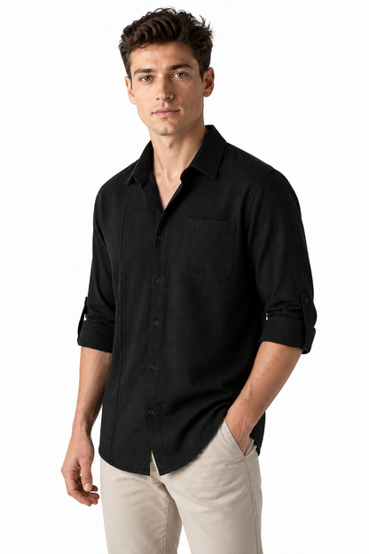 Ventorino Men's Button-Up Shirt Relaxed Fit Chest Pocket | Ventorino in Black — model three-quarter view