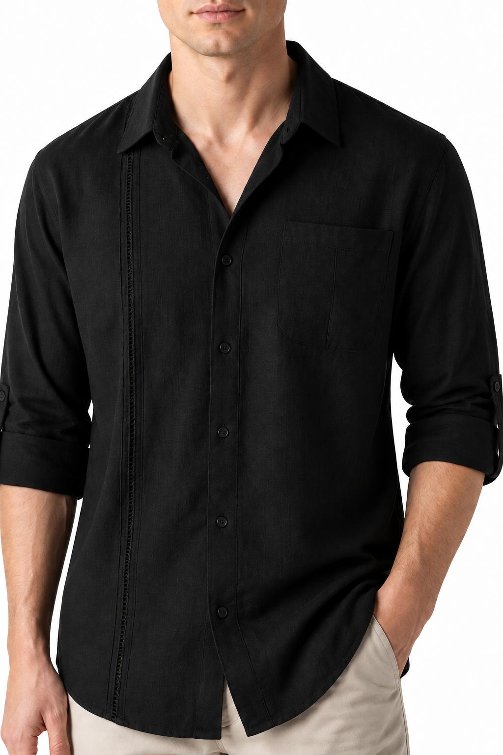Ventorino Men's Button-Up Shirt Relaxed Fit Chest Pocket | Ventorino in Black — garment and fabric detail