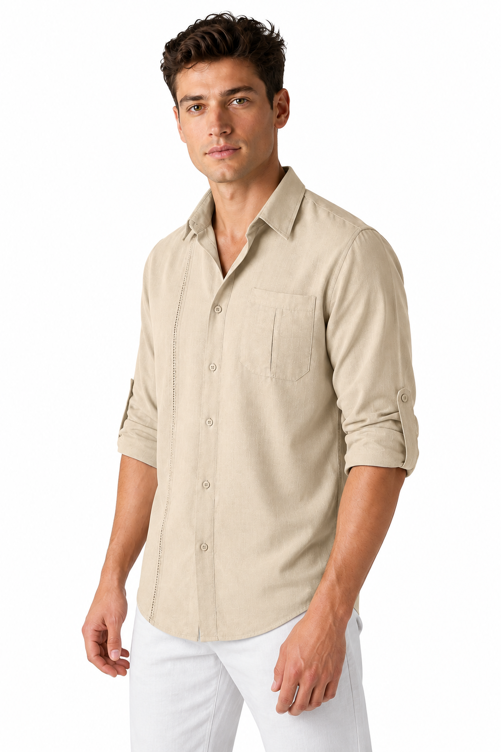 Ventorino Men's Button-Up Shirt Relaxed Fit Chest Pocket | Ventorino in Apricot — model three-quarter view
