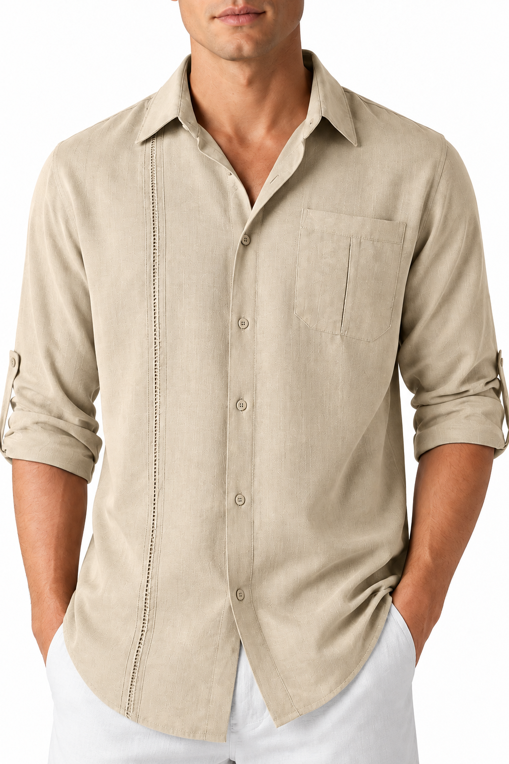 Ventorino Men's Button-Up Shirt Relaxed Fit Chest Pocket | Ventorino in Apricot — garment and fabric detail