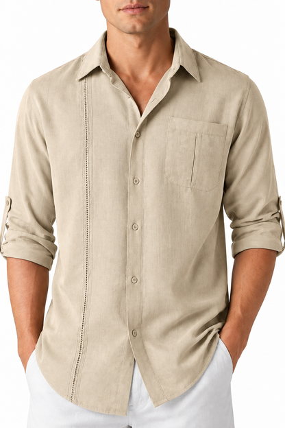 Ventorino Men's Button-Up Shirt Relaxed Fit Chest Pocket | Ventorino in Apricot — garment and fabric detail