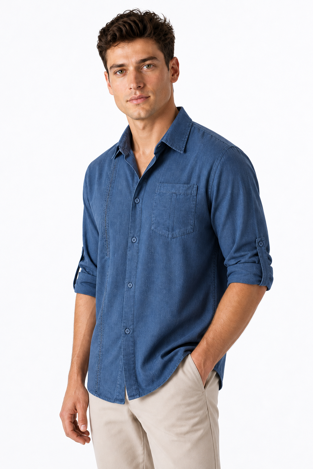 Ventorino Men's Button-Up Shirt Relaxed Fit Chest Pocket | Ventorino in Dark Blue — model three-quarter view