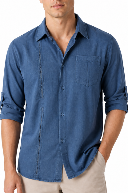 Ventorino Men's Button-Up Shirt Relaxed Fit Chest Pocket | Ventorino in Dark Blue — garment and fabric detail