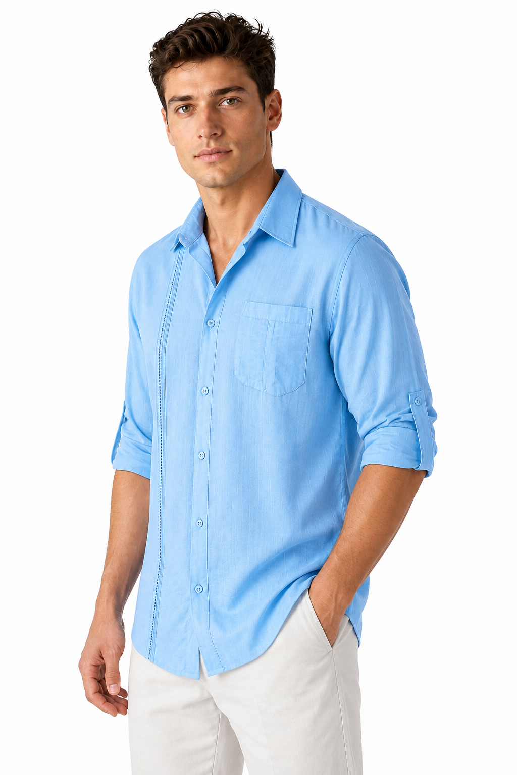 Ventorino Men's Button-Up Shirt Relaxed Fit Chest Pocket | Ventorino in Sky Blue — model three-quarter view