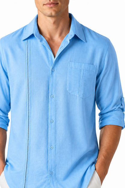 Ventorino Men's Button-Up Shirt Relaxed Fit Chest Pocket | Ventorino in Sky Blue — garment and fabric detail