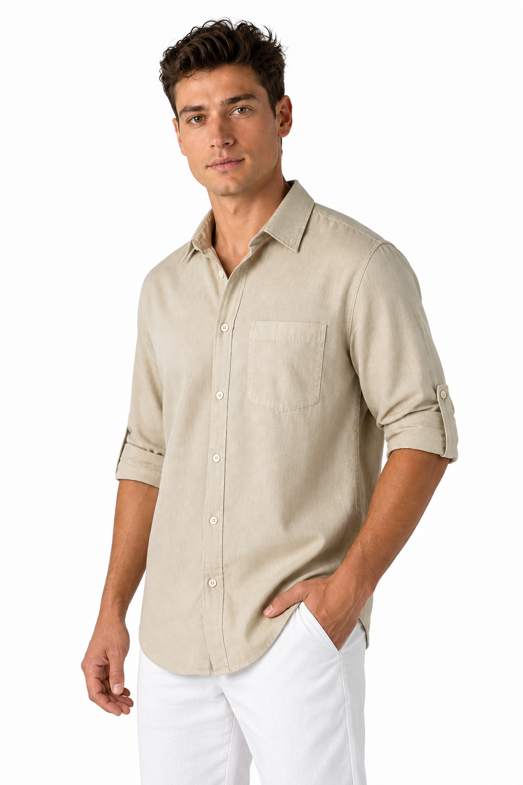Ventorino Men's Button-Up Shirt Relaxed Fit Chest Pocket | Ventorino in Set — model three-quarter view
