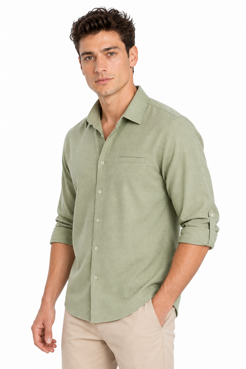 Ventorino Men's Button-Up Shirt Relaxed Fit Chest Pocket | Ventorino in Matcha color — model three-quarter view
