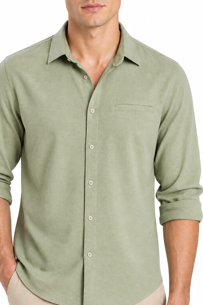 Ventorino Men's Button-Up Shirt Relaxed Fit Chest Pocket | Ventorino in Matcha color — garment and fabric detail