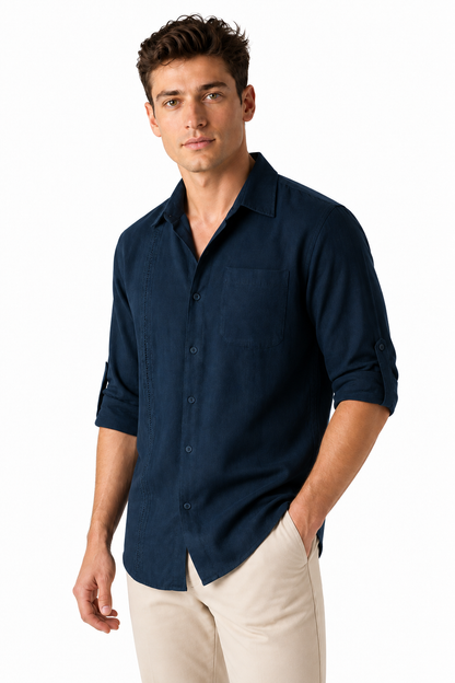 Ventorino Men's Button-Up Shirt Relaxed Fit Chest Pocket | Ventorino in Navy blue — model three-quarter view