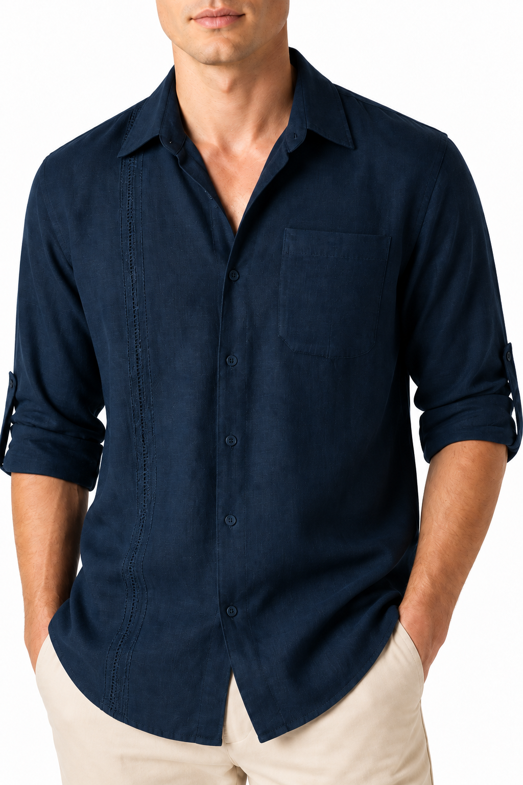 Ventorino Men's Button-Up Shirt Relaxed Fit Chest Pocket | Ventorino in Navy blue — garment and fabric detail