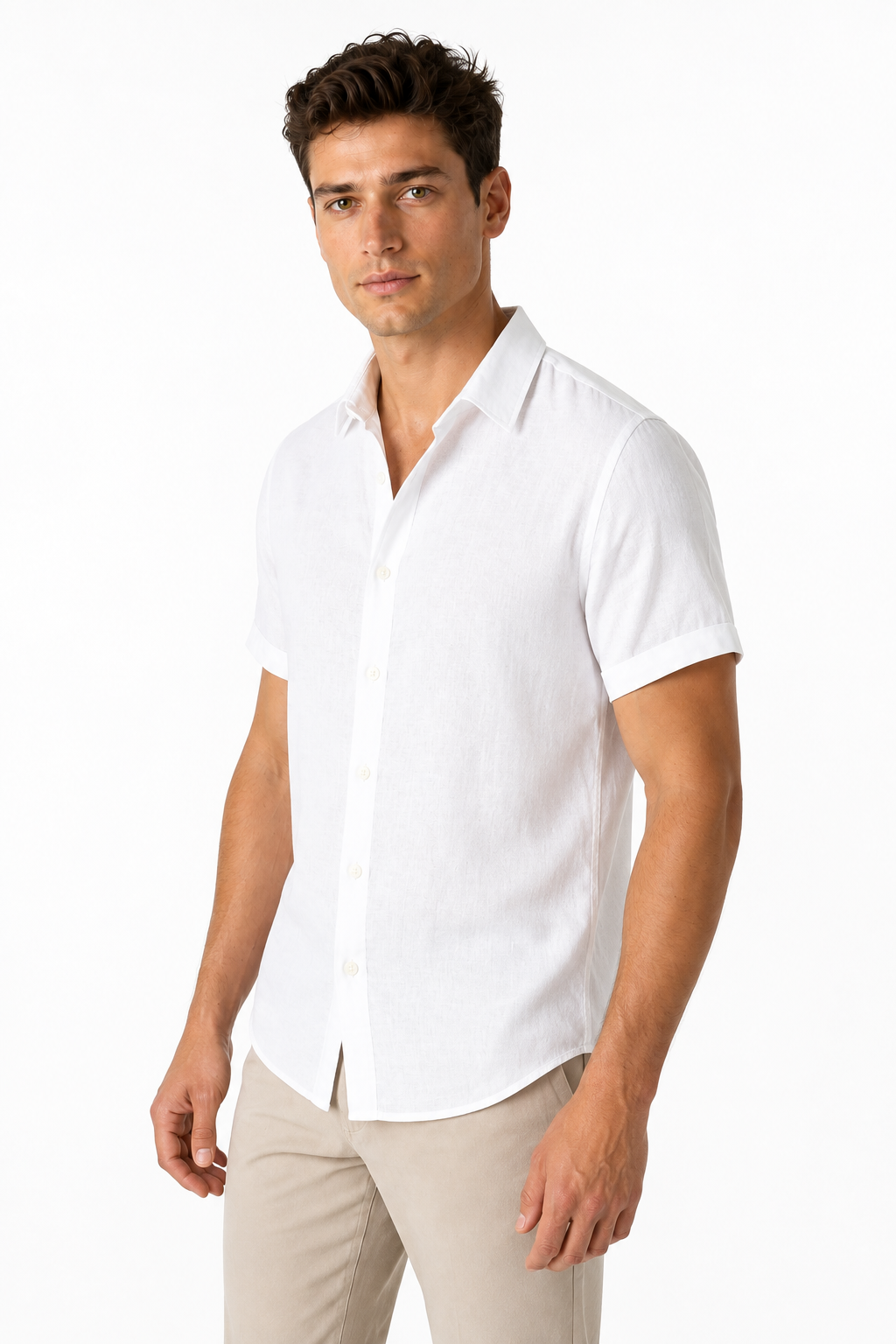 Ventorino Men's Button-Up Shirt Lightweight Linen Relaxed Fit | Ventorino in White — model three-quarter view