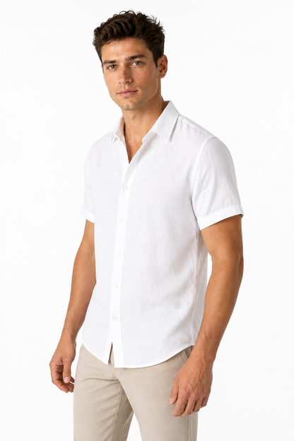 Ventorino Men's Button-Up Shirt Lightweight Linen Relaxed Fit | Ventorino in White — model three-quarter view
