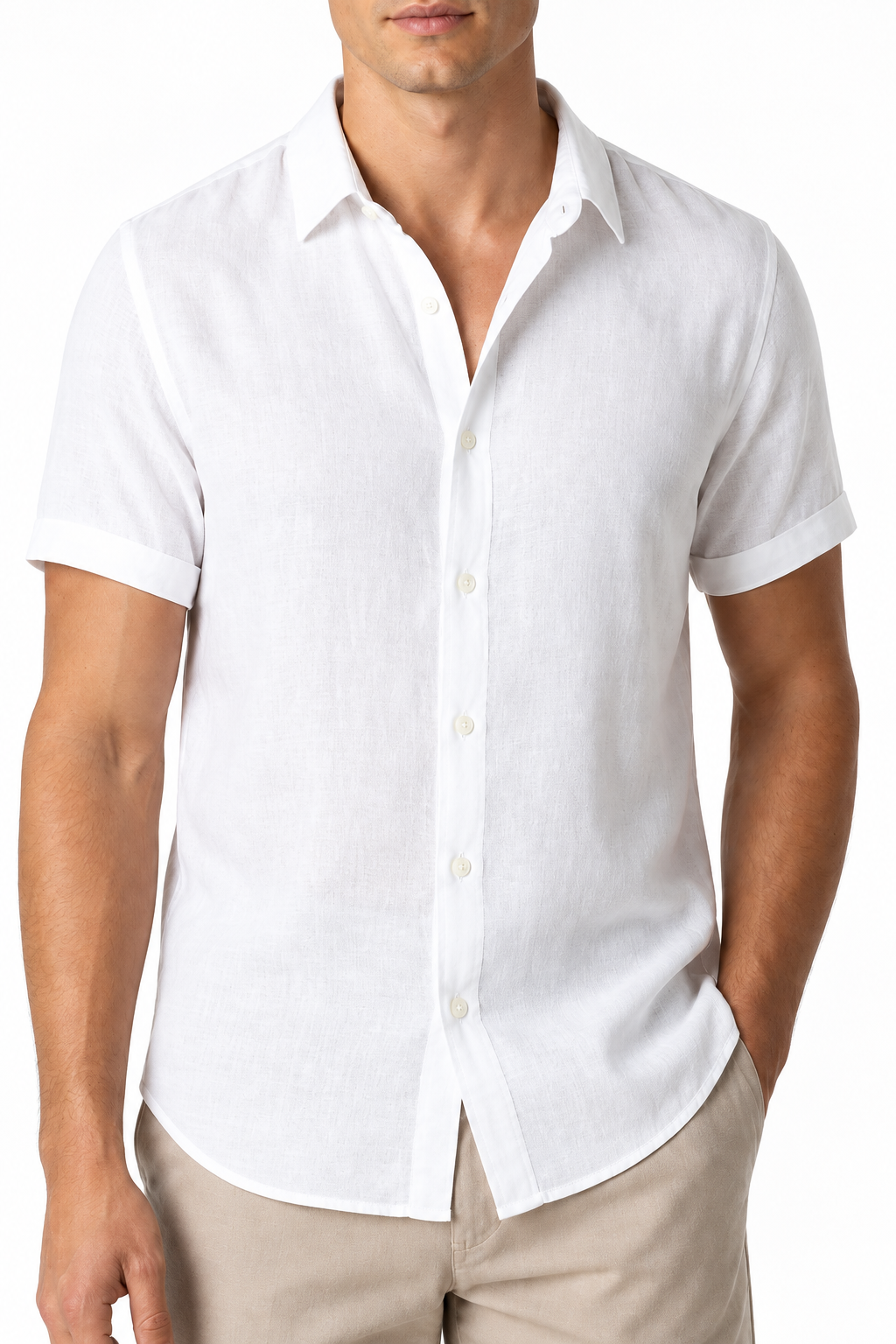 Ventorino Men's Button-Up Shirt Lightweight Linen Relaxed Fit | Ventorino in White — garment and fabric detail