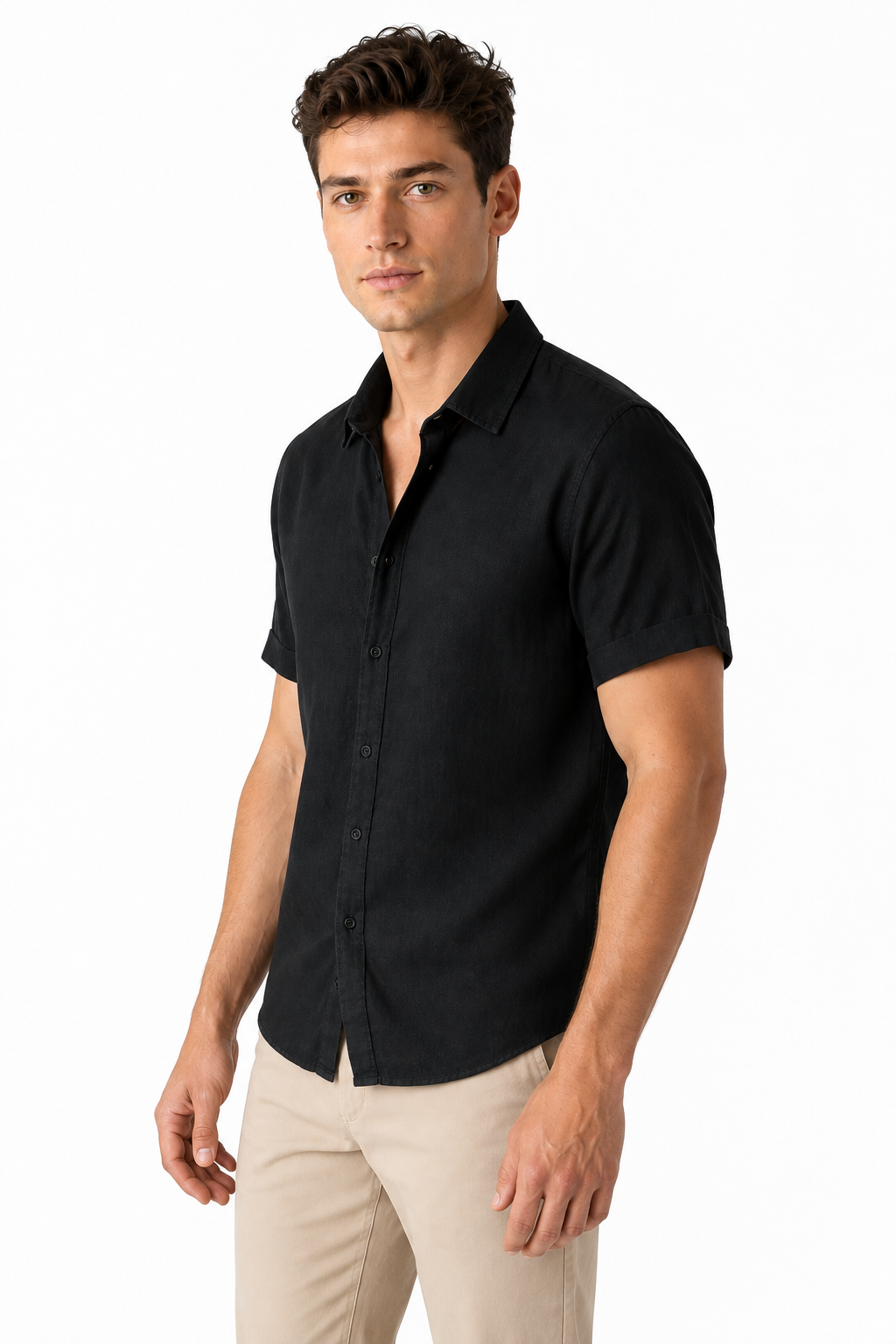 Ventorino Men's Button-Up Shirt Lightweight Linen Relaxed Fit | Ventorino in Black — model three-quarter view