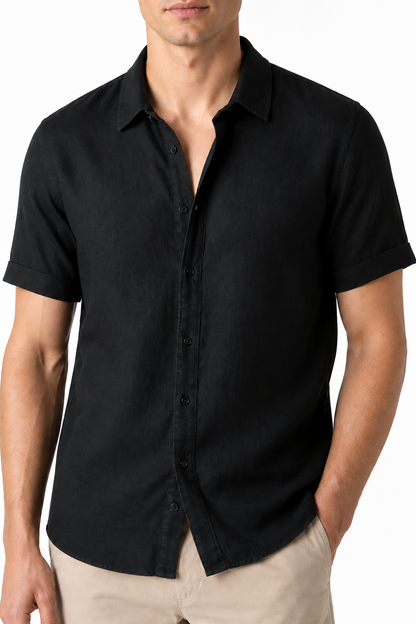 Ventorino Men's Button-Up Shirt Lightweight Linen Relaxed Fit | Ventorino in Black — garment and fabric detail