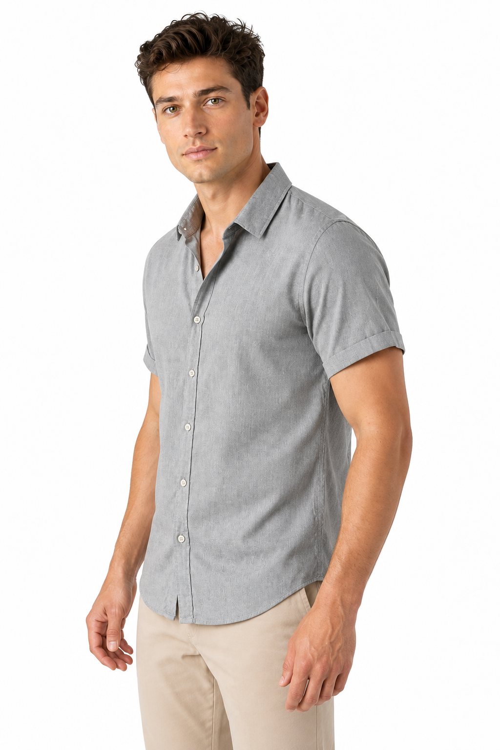 Ventorino Men's Button-Up Shirt Lightweight Linen Relaxed Fit | Ventorino in Grey — model three-quarter view