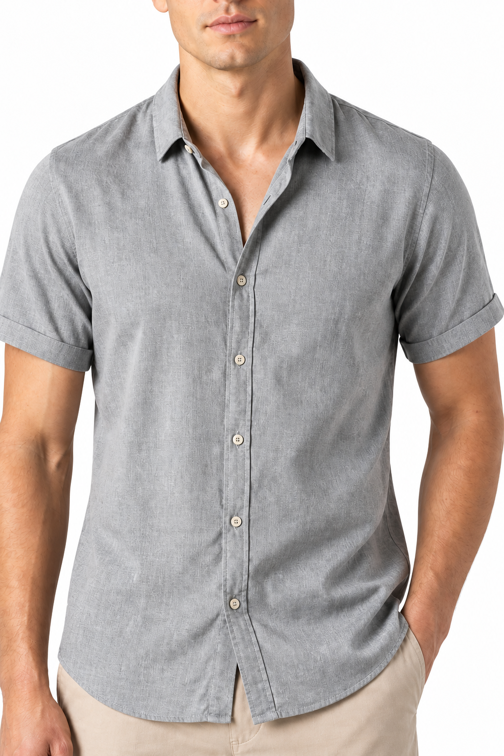 Ventorino Men's Button-Up Shirt Lightweight Linen Relaxed Fit | Ventorino in Grey — garment and fabric detail