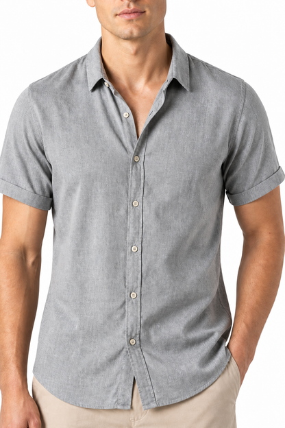 Ventorino Men's Button-Up Shirt Lightweight Linen Relaxed Fit | Ventorino in Grey — garment and fabric detail