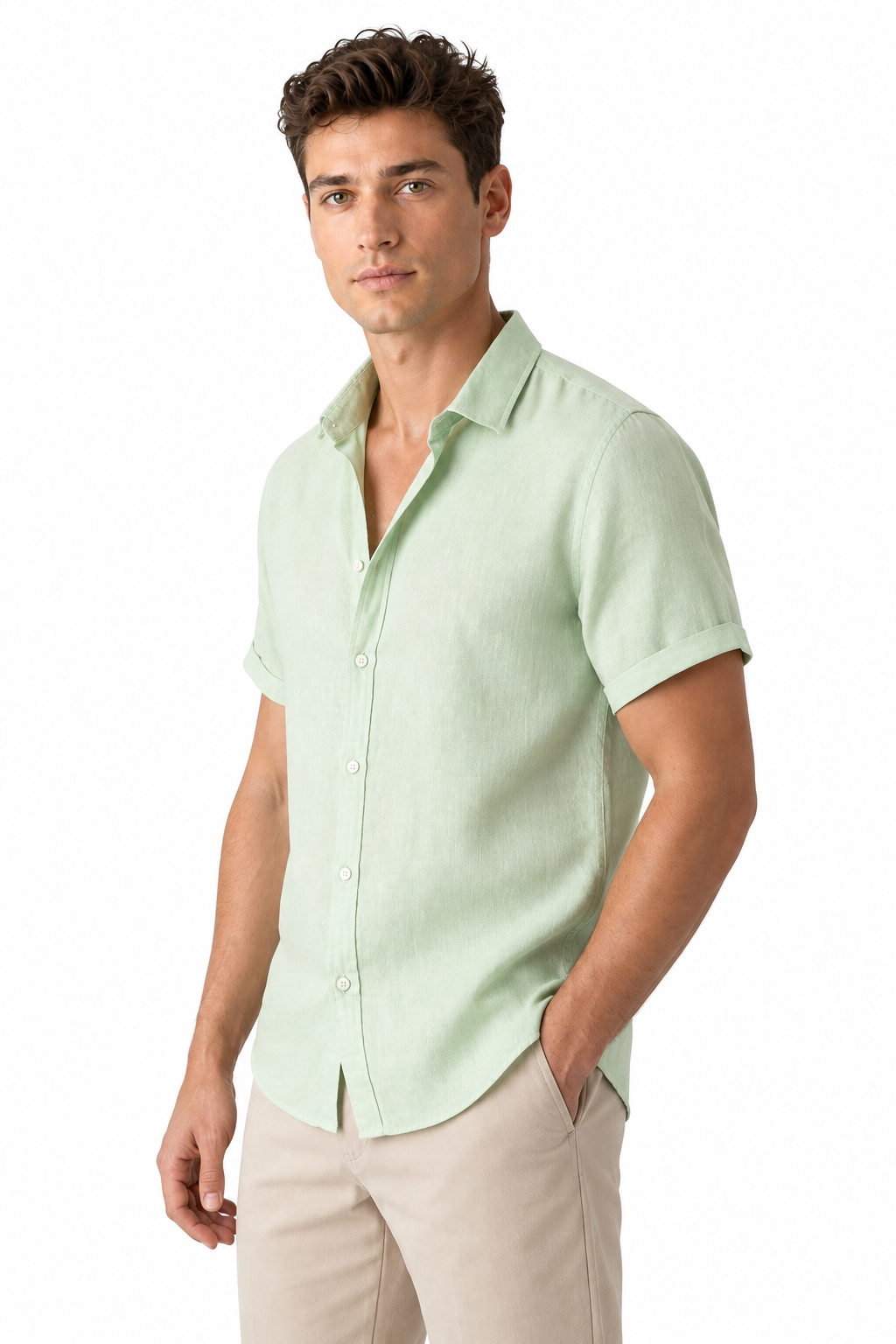 Ventorino Men's Button-Up Shirt Lightweight Linen Relaxed Fit | Ventorino in Green — model three-quarter view