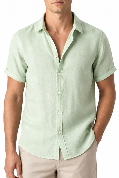 Ventorino Men's Button-Up Shirt Lightweight Linen Relaxed Fit | Ventorino in Green — garment and fabric detail