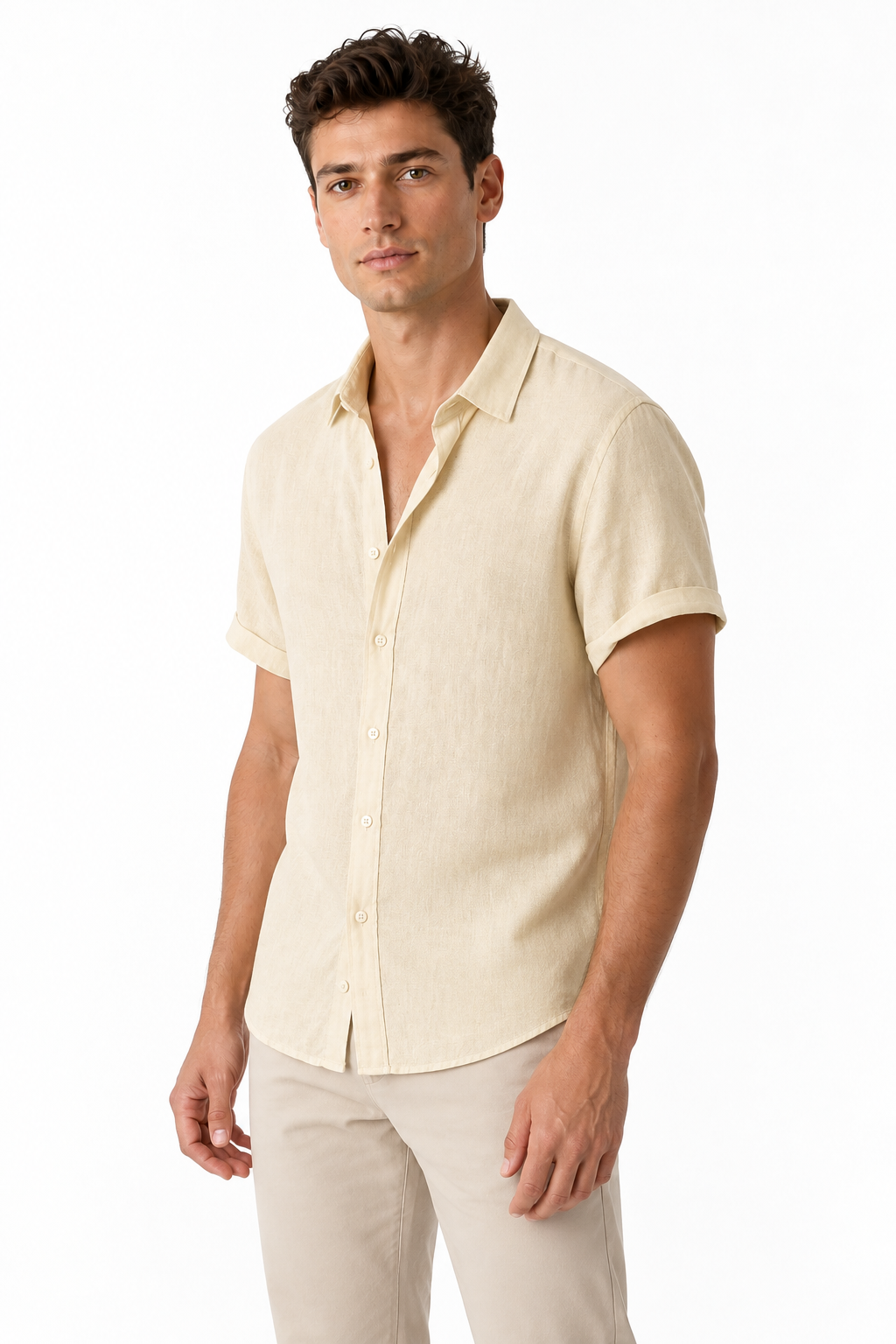 Ventorino Men's Button-Up Shirt Lightweight Linen Relaxed Fit | Ventorino in Khaki — model three-quarter view