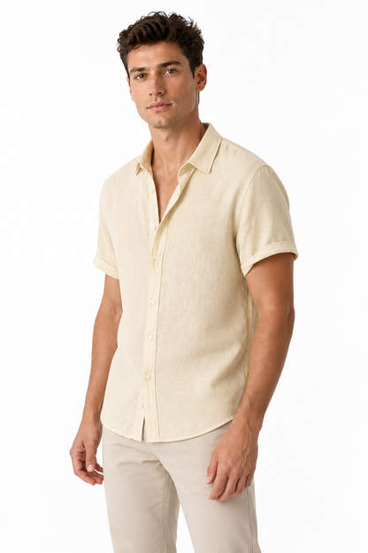 Ventorino Men's Button-Up Shirt Lightweight Linen Relaxed Fit | Ventorino in Khaki — model three-quarter view
