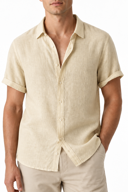 Ventorino Men's Button-Up Shirt Lightweight Linen Relaxed Fit | Ventorino in Khaki — garment and fabric detail