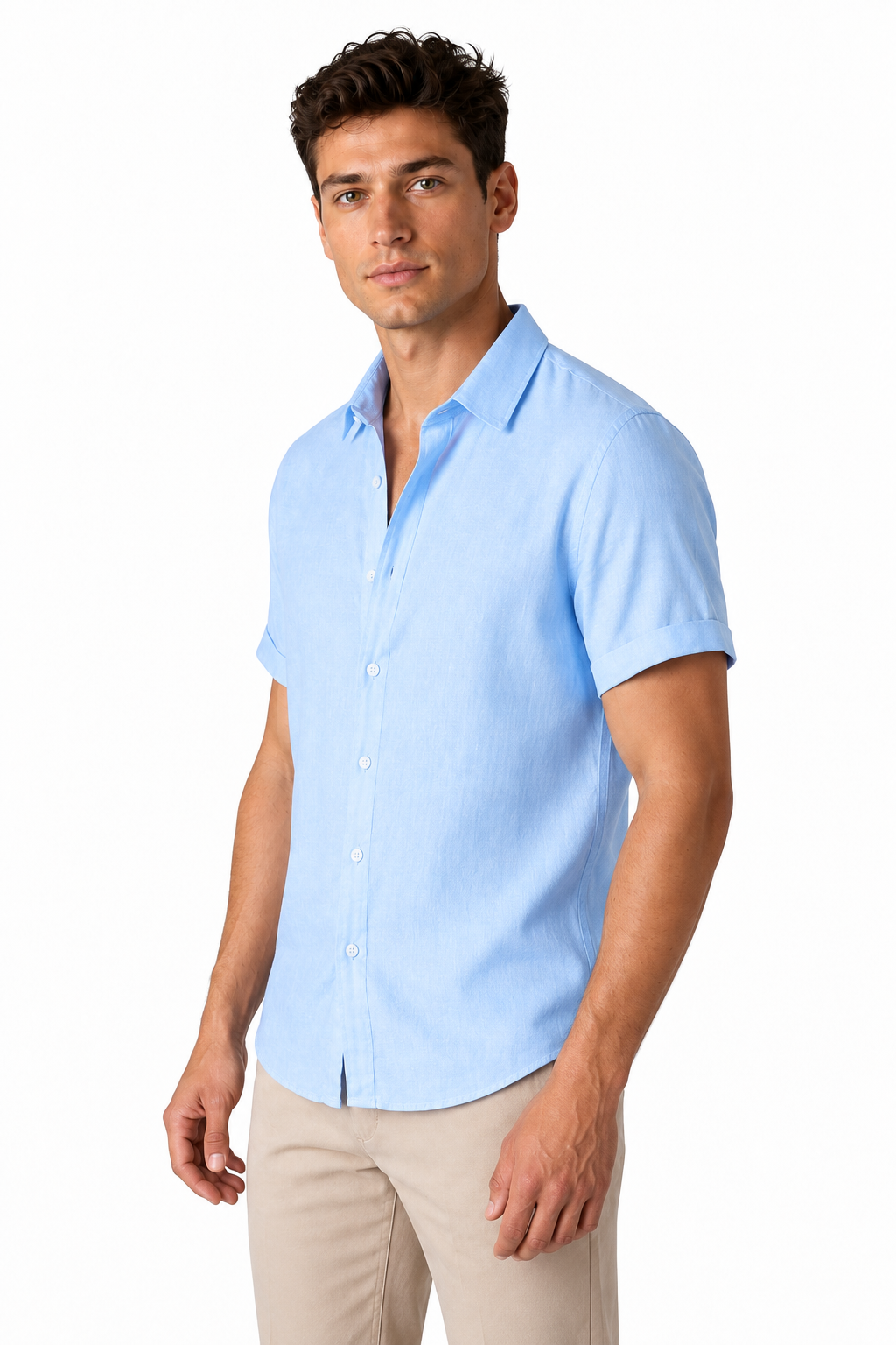 Ventorino Men's Button-Up Shirt Lightweight Linen Relaxed Fit | Ventorino in Blue — model three-quarter view