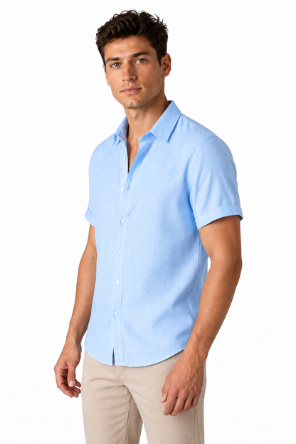 Ventorino Men's Button-Up Shirt Lightweight Linen Relaxed Fit | Ventorino in Blue — model three-quarter view