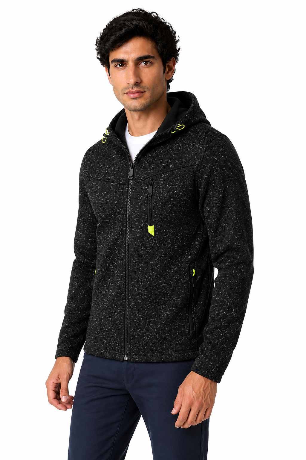 Ventorino Men's Hoodie Heathered Fabric Full Zip | Ventorino in Black — model three-quarter view