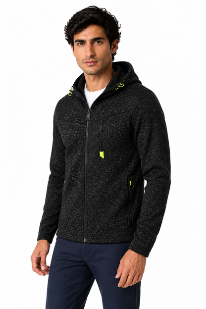 Ventorino Men's Hoodie Heathered Fabric Full Zip | Ventorino in Black — model three-quarter view