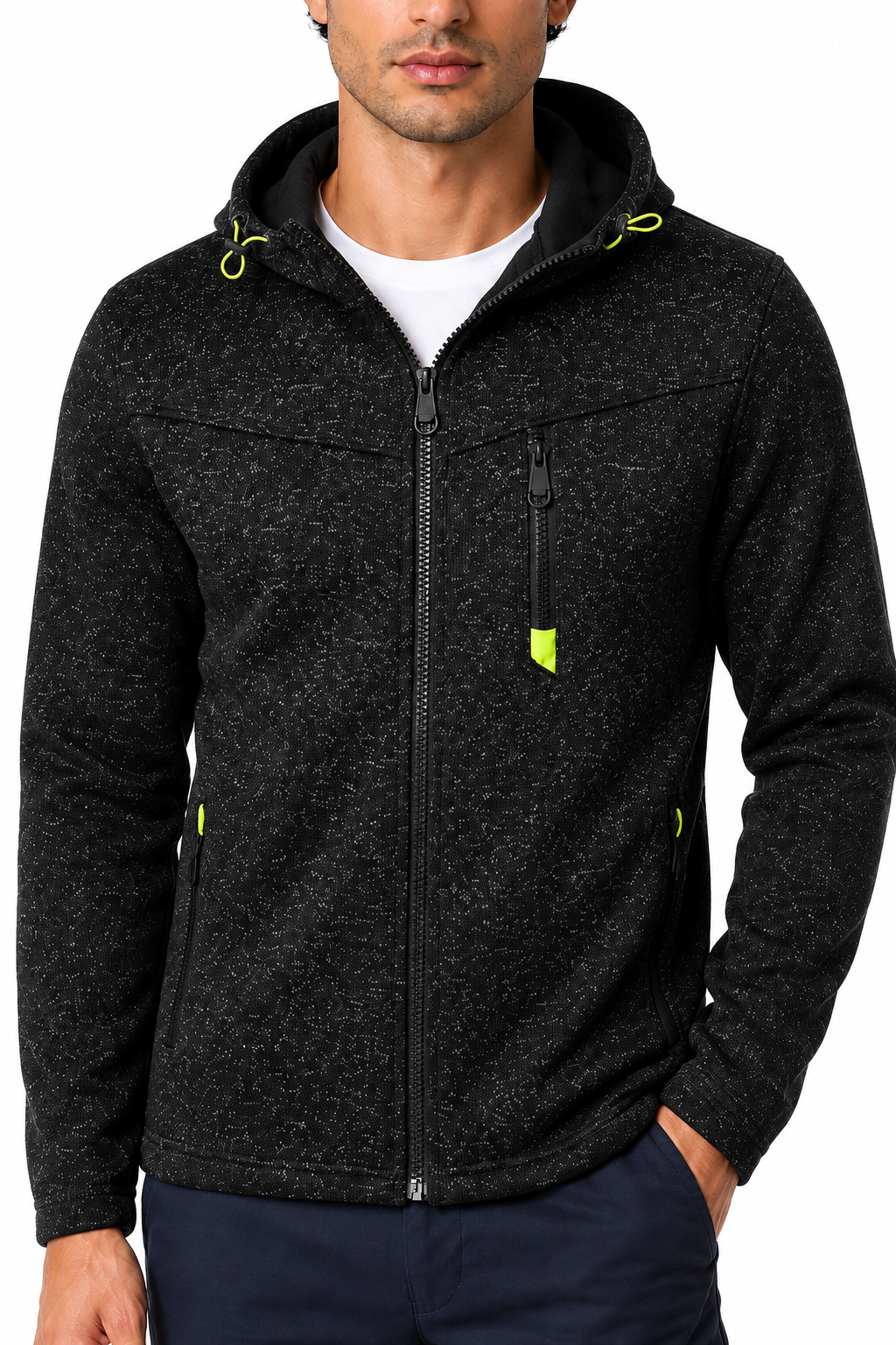 Ventorino Men's Hoodie Heathered Fabric Full Zip | Ventorino in Black — garment and fabric detail