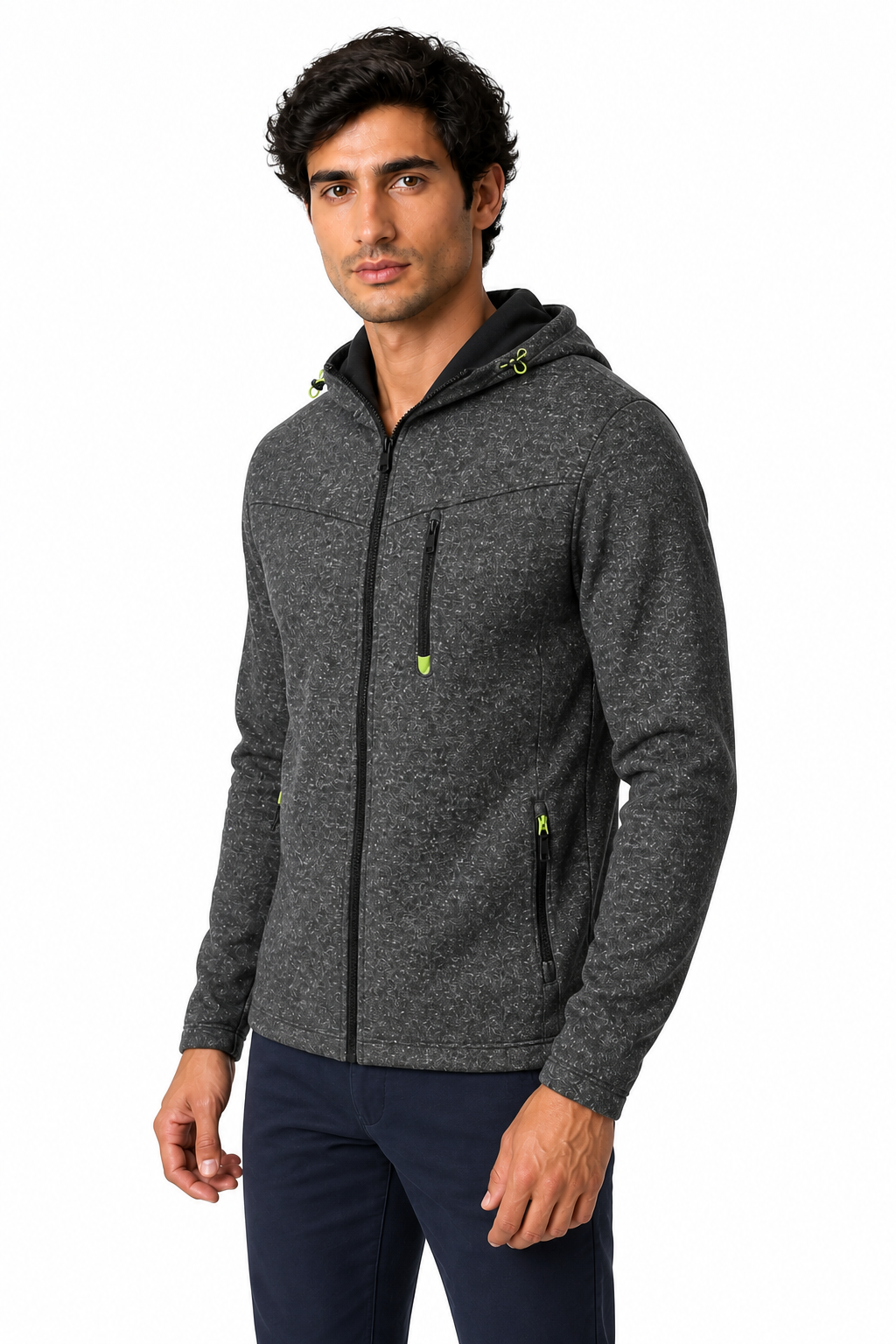 Ventorino Men's Hoodie Heathered Fabric Full Zip | Ventorino in Dark grey — model three-quarter view