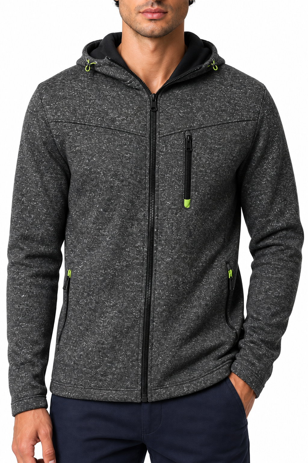 Ventorino Men's Hoodie Heathered Fabric Full Zip | Ventorino in Dark grey — garment and fabric detail